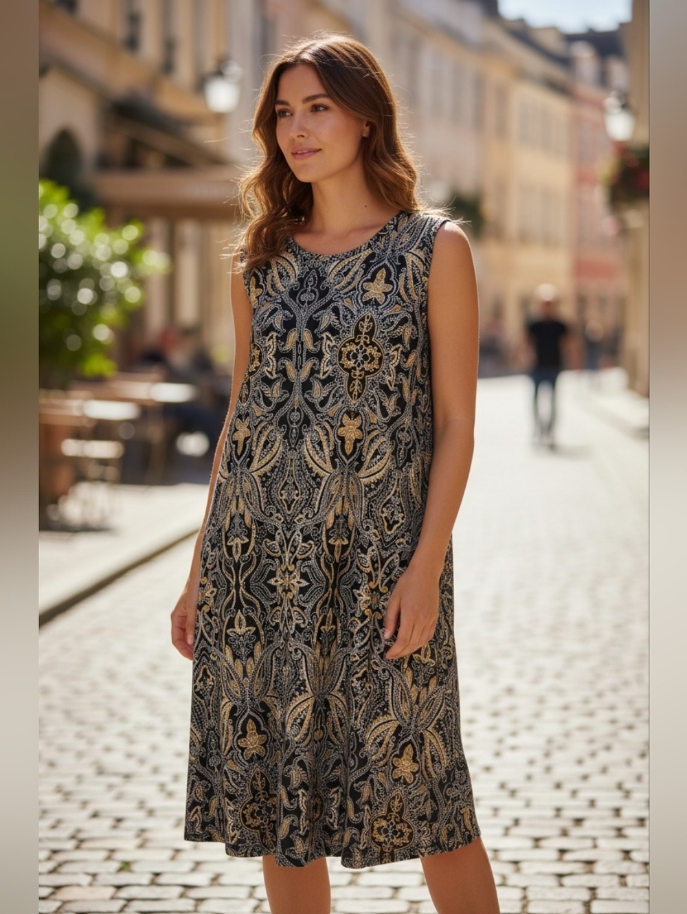 Tahari Black and Gold Paisley Midi Dress